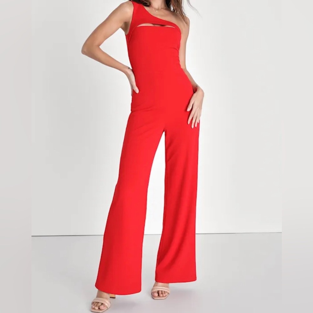 Lulu's Vibrant Red One-Shoulder Jumpsuit